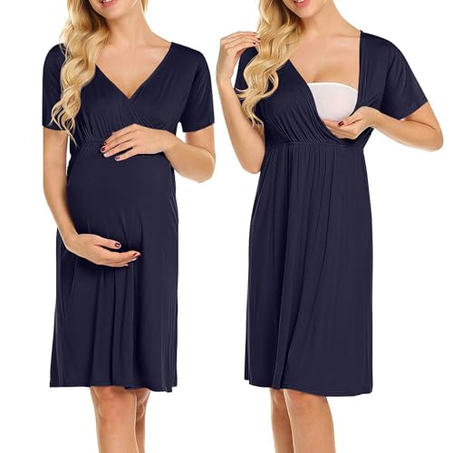 Weardear Stillen Nachthemd Damen Kurzarm V Ausschnitt Mutterschaft Nachtwäsche mit Stillfunktion Umstandsnachthemd Blau XL von Weardear
