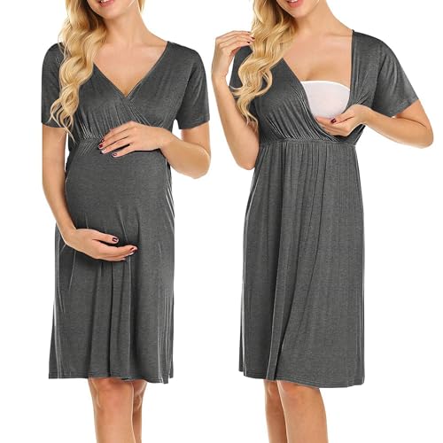 Weardear Stillen Nachthemd Damen Kurzarm V Ausschnitt Mutterschaft Nachtwäsche mit Stillfunktion Umstandsnachthemd Grau S von Weardear