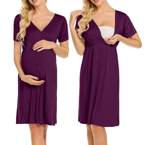 Weardear Stillen Nachthemd Damen Kurzarm V Ausschnitt Mutterschaft Nachtwäsche mit Stillfunktion Umstandsnachthemd Lila M von Weardear