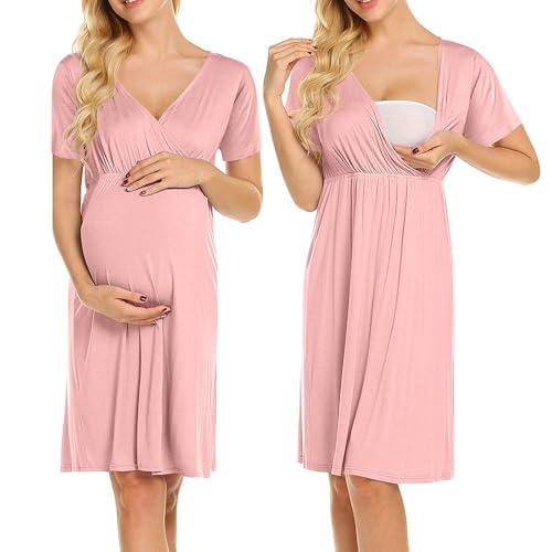 Weardear Stillen Nachthemd Damen Kurzarm V Ausschnitt Mutterschaft Nachtwäsche mit Stillfunktion Umstandsnachthemd Rosa M von Weardear