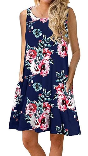Weardear Strandkleid mit Rundhals Damen A-Linie Blumen Sommerkleid Knielang Freizeitkleid Lose Swing Luftig Tunika Kleid von Weardear