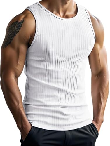 Weardear Herren Workout Tank Tops Gerippte Unterhemd Sleeveless Laufshirt Running Muskelshirt Schnelltrocknendes Bodybuilding Achselshirt für Männer Sommer Weiß XL von Weardear