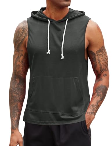 Weardear Tank Top Herren Sommer Muskelshirt Ärmelloser Sport Top Kapuzenpullover Schnelltrocknendes Gym Sport Laufshirt Hoodie Dunkelgrau XL von Weardear