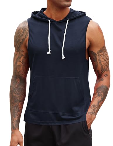 Weardear Tank Top Herren Sommer Muskelshirt Ärmelloser Sport Top Kapuzenpullover Schnelltrocknendes Gym Sport Laufshirt Hoodie Navy blau L von Weardear