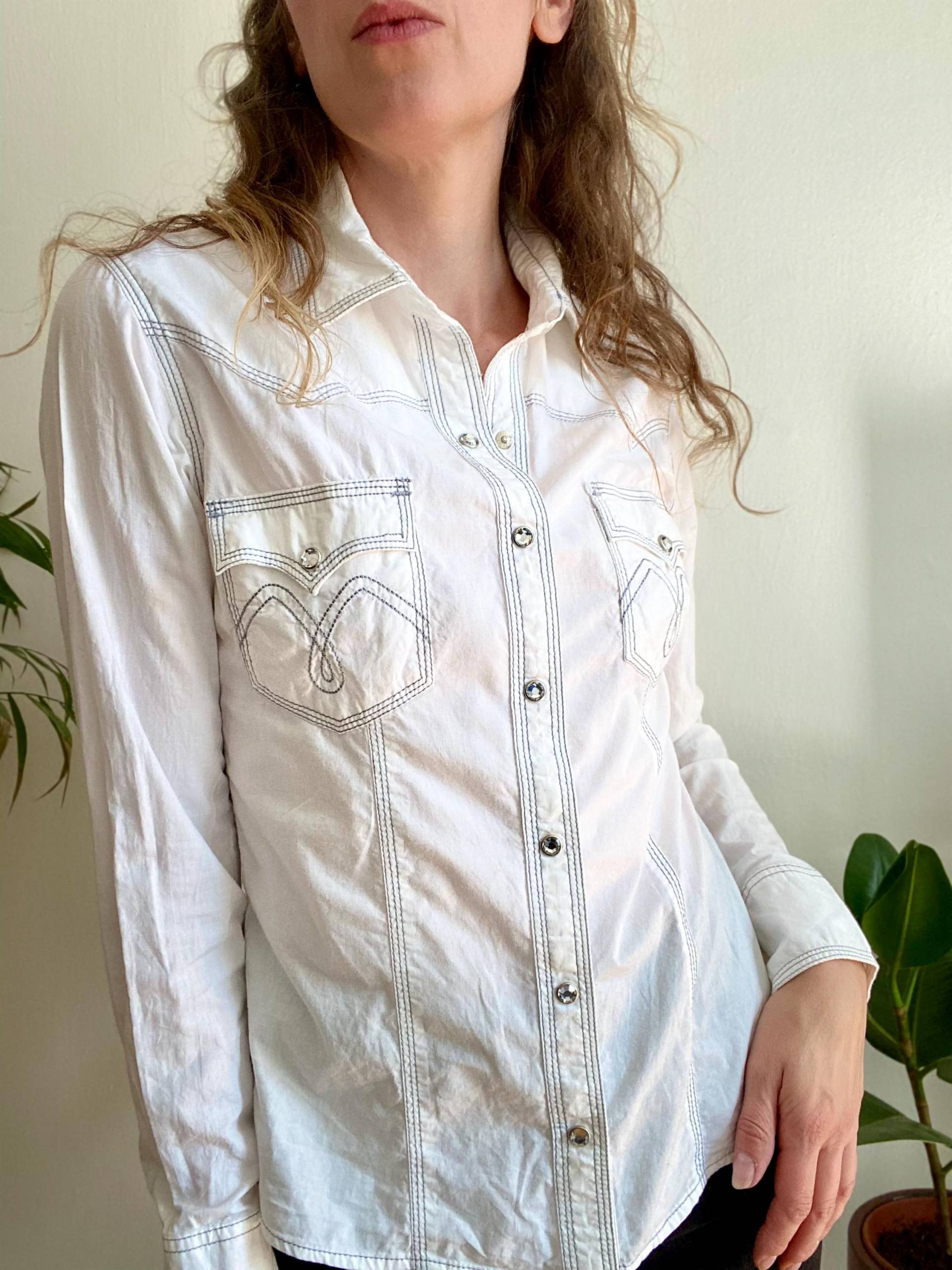 Panhandle Westernhemd Schmales - Weiße Perlen-Cowboy-Bluse Mit Kontrastnähten, Größe M Panhandle Westernhemd Schmales - Weiße Perlen-Cowboy-Bluse Mit Kontrastnähten, Größe M von WeareCowboys