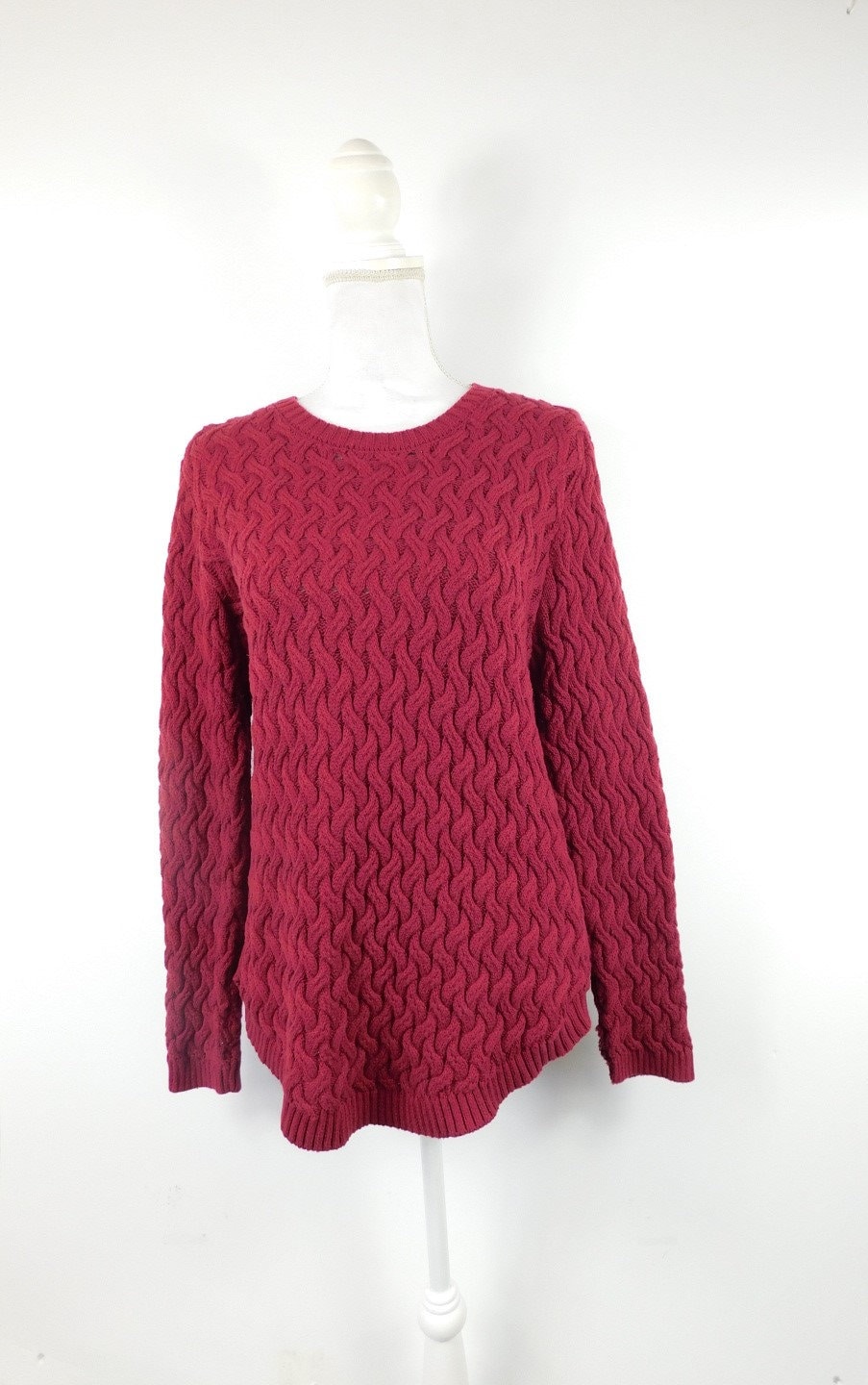 Vintage 1980Er Jahre Jeanne Pierre Burgunderrot Baumwolle Gestrickt Gewebt Texturiert Rundhalsausschnitt Langarm Pullover Top Sz 16/Xl Plus Größe von WearingMeOutVtg