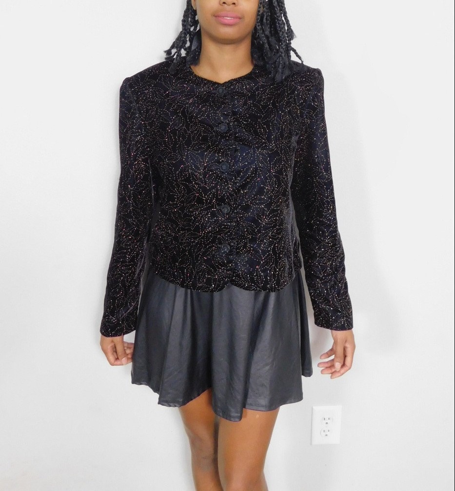 Vintage 80Er Jahre Norton Mcnaughton Schwarz Gold Samt Blatt Glitter Metallic Print Button Down Langarm Blazer Jacke Sz 8 Medium von WearingMeOutVtg