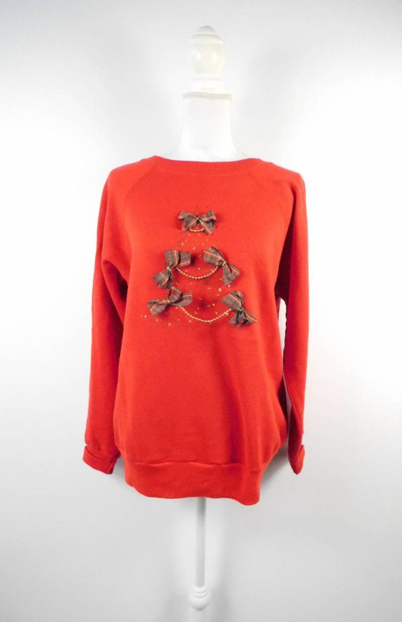 Vintage 80Er Jahre Rot Grün Weihnachtsabend Baum Goldene Perlen Kariertes Band Drucken Rundhalsausschnitt Langarm-Sweatshirt Sz Medium von WearingMeOutVtg