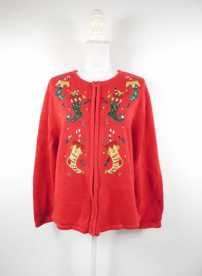 Vintage 80Er Jahre Rote Perlen Pailletten Schneeflocke Strümpfe Bestickt Klebrig Weihnachten Metall Reißverschluss Neuheit Pullover Strickjacke von WearingMeOutVtg
