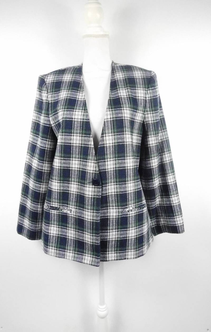 Vintage 80Er Jahre Südliche Lady Tartan Navy Blau Weiß Karierter Druck Wolle Ein Knopf Gefüttert Langarm Blazer Jacke Gr. 14 Groß von WearingMeOutVtg