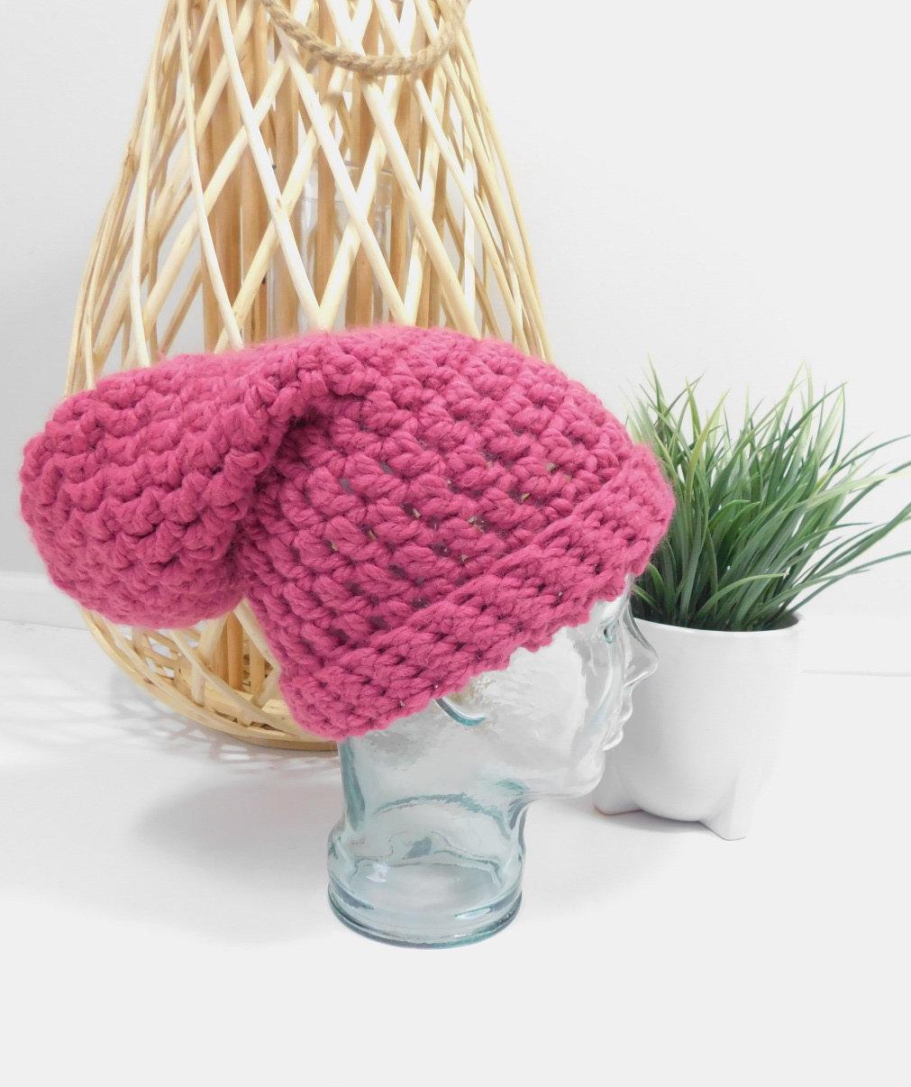 Vintage 90Er Jahre Mauve Rosa Handgehäkelte Gestrickte Super Slouchy Gerippte Stretch Mit Bündchen Saum Dicker Schädel Hut Beanie Accessoire Sz 21" von WearingMeOutVtg