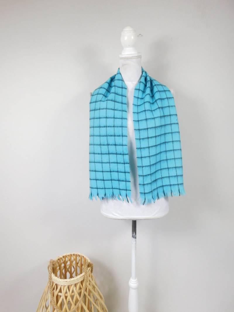 Vintage 90Er Jahre Türkis Blau Schwarz Reine Wolle Karo Print Fransen Saum Winter Hals Schal Mode Accessoire Stola von WearingMeOutVtg