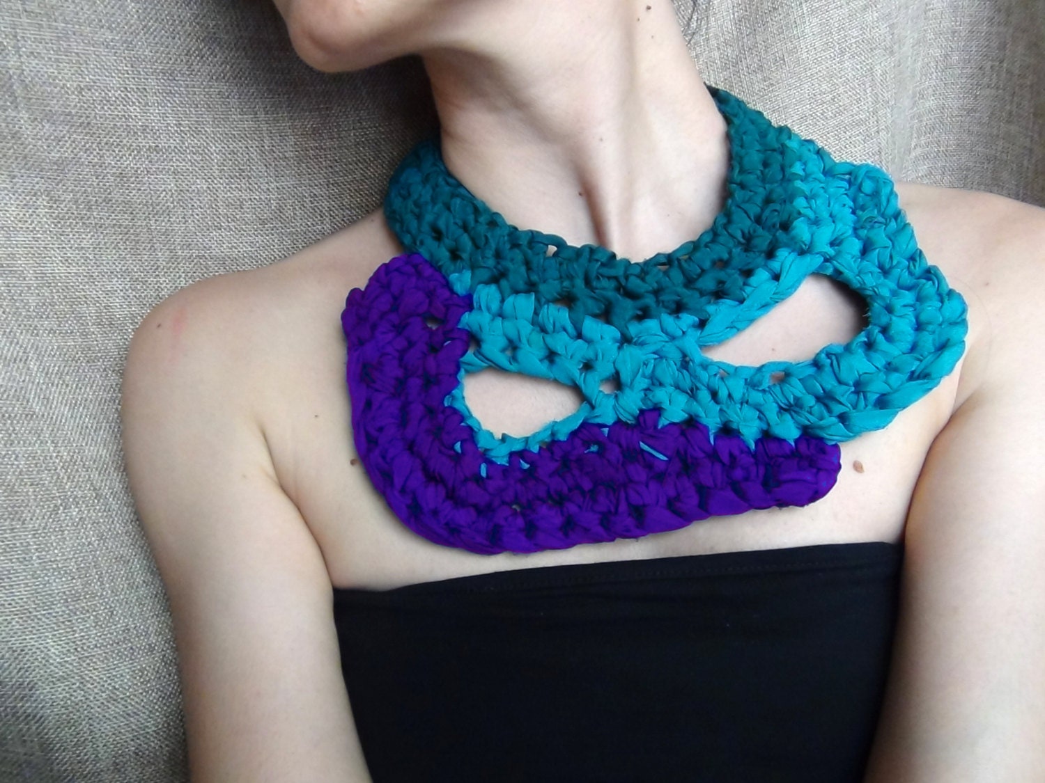 Freie Form Häkeln Halskette, Seidengarne Schmuck, Halskette Halsband, Häkeln, Blau Lila Anweisung Schmuck von WearitCrochet