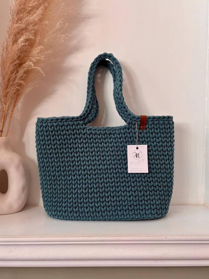 Shopper, Sofort Verfügbar in Teal Mit Magnetverschluss, Häkeltasche, Handtasche, Gehäkelt, Bobbiny Modern, Boho von WebenundWolleRama