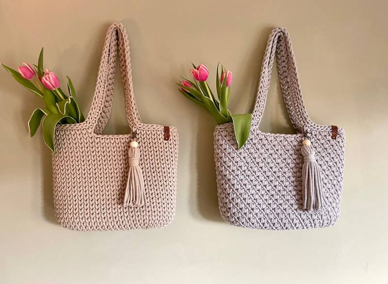 Shopper „Bella" Häkeltasche, Handtasche, Gehäkelt, Bobbiny Modern in 2 Mustern, Boho Shopper „Bella" Häkeltasche, Handtasche, Gehäkelt, Bobbiny Modern in 2 Mustern, Boho von WebenundWolleRama
