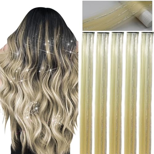 Webshaiy 10pcs Hair Tinsel Glitzer Haarsträhnen Clip In Hair Extensions, Blond 55cm glitzersträhnen für haare lametta zum Frauen/Mädchen/Kinder Flechten Haar Lametta Festival Cosplay Party Zubehör von Webshaiy