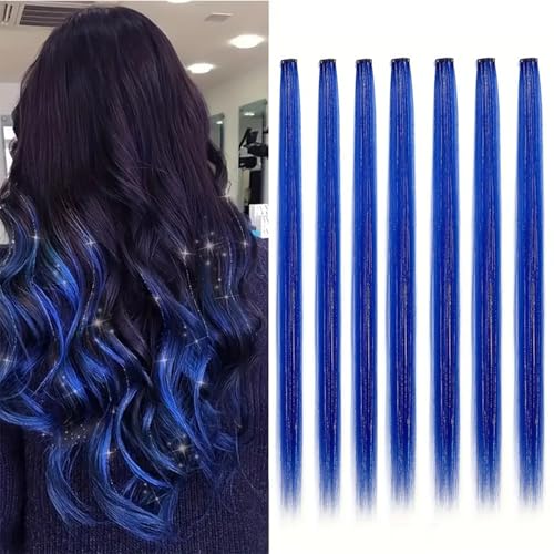 Webshaiy 10pcs Hair Tinsel Glitzer Haarsträhnen Clip In Hair Extensions, Blau 55cm glitzersträhnen für haare lametta zum Frauen/Mädchen/Kinder Flechten Haar Lametta Festival Cosplay Party Zubehör von Webshaiy