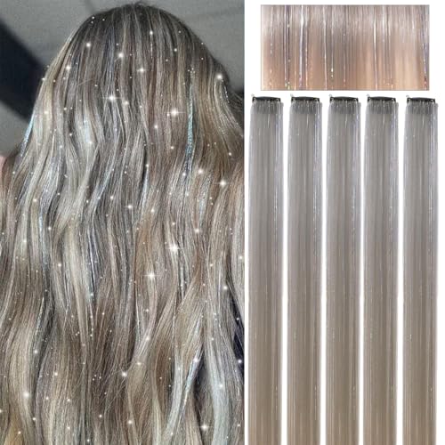 Webshaiy 10pcs Hair Tinsel Glitzer Haarsträhnen Clip In Hair Extensions, Grau 55cm glitzersträhnen für haare lametta zum Frauen/Mädchen/Kinder Flechten Haar Lametta Festival Cosplay Party Zubehör von Webshaiy