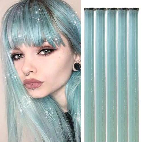 Webshaiy 10pcs Hair Tinsel Glitzer Haarsträhnen Clip In Hair Extensions, Mintgrün 55cm glitzersträhnen für haare lametta zum Frauen/Mädchen/Kinder Flechten Haar Lametta Festival Cosplay Party Zubehör von Webshaiy