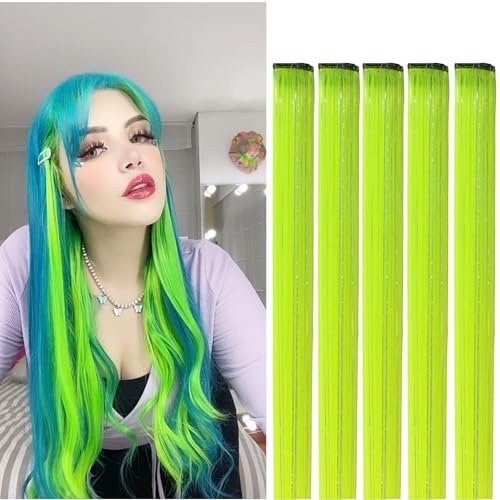 Webshaiy 10pcs Hair Tinsel Glitzer Haarsträhnen Clip In Hair Extensions, Neongrün 55cm glitzersträhnen für haare lametta zum Frauen/Mädchen/Kinder Flechten Haar Lametta Festival Cosplay Party Zubehör von Webshaiy