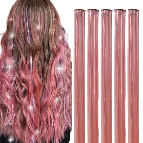 Webshaiy 10pcs Hair Tinsel Glitzer Haarsträhnen Clip In Hair Extensions, Rosa 55cm glitzersträhnen für haare lametta zum Frauen/Mädchen/Kinder Flechten Haar Lametta Festival Cosplay Party Zubehör von Webshaiy