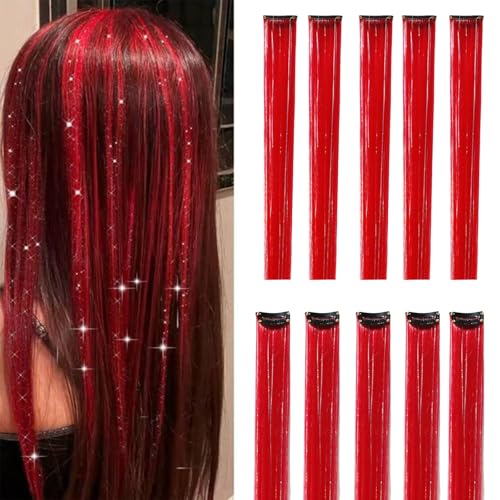 Webshaiy 10pcs Hair Tinsel Glitzer Haarsträhnen Clip In Hair Extensions, Rot 55cm glitzersträhnen für haare lametta zum Frauen/Mädchen/Kinder Flechten Haar Lametta Festival Cosplay Party Zubehör von Webshaiy