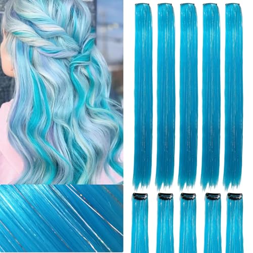 Webshaiy 10pcs Hair Tinsel Glitzer Haarsträhnen Clip In Hair Extensions,Himmelblau 55cm glitzersträhnen für haare lametta zum Frauen/Mädchen/Kinder Flechten Haar Lametta Festival Cosplay Party Zubehör von Webshaiy