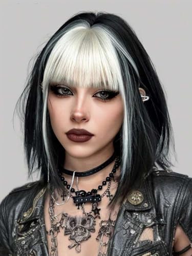 Webshaiy Perücke Damen Glatte Bob Schwarze Perücken mit Weiß Pony, Kurze Perücke mit Kopfhaut nachahmen Perrücke für Frauen,Natural Synthetic Hair Wig for Women Täglich Kostüm Party Cosplay Halloween Webshaiy Perücke Damen Glatte Bob Schwarze Perücken mit Weiß Pony, Kurze Perücke mit Kopfhaut nachahmen Perrücke für Frauen,Natural Synthetic Hair Wig for Women Täglich Kostüm Party Cosplay Halloween von Webshaiy