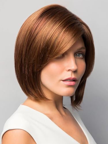 Webshaiy Perücke Damen Kurz Bob mit Pony Voluminöser Look für Reife Frauen Graabdeckung & Mama, Ombre Auburn Mix Blonde Layered Bob Wig Glatte Synthetische Perücken with Human-Hair-Like Fiber von Webshaiy