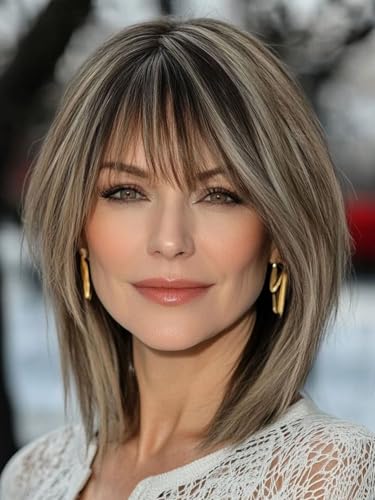 Webshaiy Perücke Damen Kurz Bob mit Pony Voluminöser Look für Reife Frauen Graabdeckung & Mama, Cool Brown Mix Blonde Layered Bob Wig Glatte Synthetische Perücken with Human-Hair-Like Fiber von Webshaiy