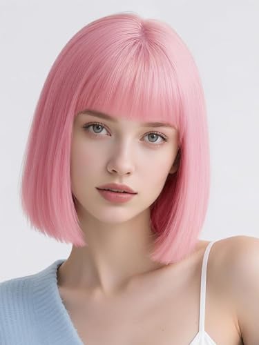 Webshaiy Perücke Damen Glatte Bob Perücken mit Pony, Kurze Light Pink Perücke mit Kopfhaut nachahmen Perrücke für Frauen, Natural Synthetic Hair Wig for Women Täglich Kostüm Party Cosplay Halloween Webshaiy Perücke Damen Glatte Bob Perücken mit Pony, Kurze Light Pink Perücke mit Kopfhaut nachahmen Perrücke für Frauen, Natural Synthetic Hair Wig for Women Täglich Kostüm Party Cosplay Halloween von Webshaiy