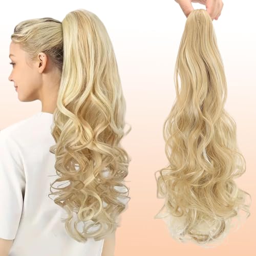 Webshaiy Ponytail Extension Pferdeschwanz Haarteil, Lange Wellig Pferdeschwanz Zopf Extension Synthetik Haarverlängerung Claw Clip in Haarteil Ponytail für Damen 55cm Sandy Blonde & Bleach Blonde von Webshaiy