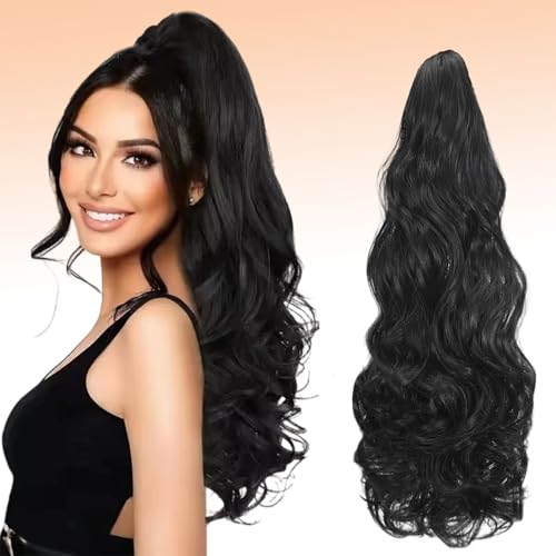 Webshaiy Ponytail Extension Pferdeschwanz Haarteil, Lange Wellig Pferdeschwanz Zopf Extension Synthetik Haarverlängerung Claw Clip in Haarteil Ponytail für Damen 55cm Tiefschwarz von Webshaiy
