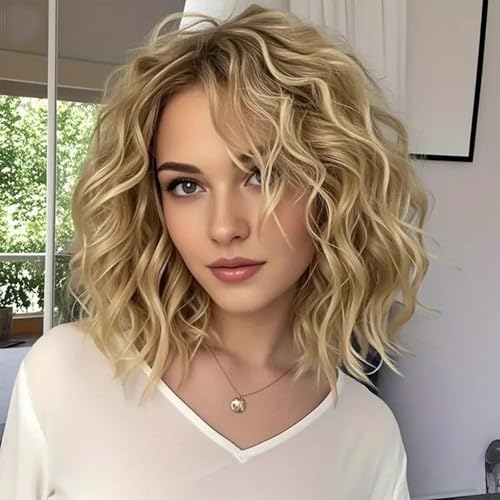 Webshaiy Honey Blonde Perücke Damen Schulterlange Lockige Gewellte Gestufte Bob Perücke mit Pony, Echter Spitzenkopfhaut Synthetische Perücken für Dünnes Haar/Grauabdeckung Täglichen Gebrauch von Webshaiy
