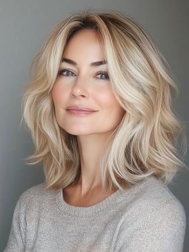 Webshaiy Platinum Blonde Perücke Damen Schulterlange Lockige Gewellte Gestufte Bob Perücke mit Pony, Echter Spitzenkopfhaut Synthetische Perücken für Dünnes Haar/Grauabdeckung Täglichen Gebrauch von Webshaiy
