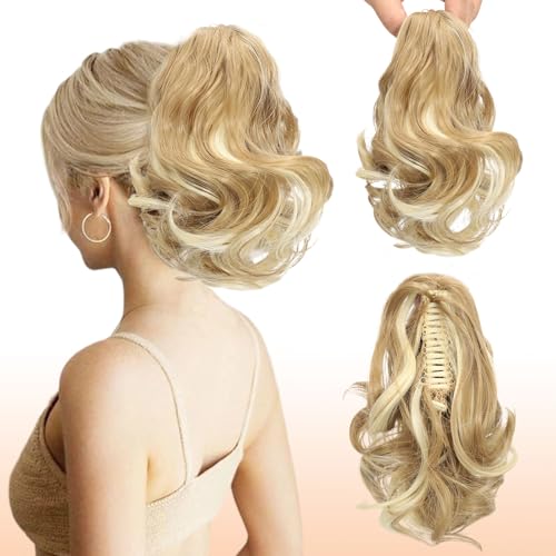 Webshaiy Short Ponytail Extension Pferdeschwanz Verlängerung 30cm Kurz Klaue Clip Pferdeschwanz Haarverlängerungen Wellig Haarverlängerungen Synthetisches Haarteil für Frauen Mittelblonde Strähnchen von Webshaiy