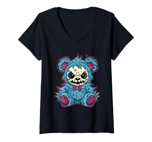 Damen Gruseliger gruseliger Teddybär Stofftier-T-Shirt T-Shirt mit V-Ausschnitt Damen Gruseliger gruseliger Teddybär Stofftier-T-Shirt T-Shirt mit V-Ausschnitt von Webstudio 2Amigos