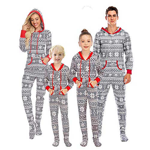 Webuyii Familie Weihnachten passende Pyjamas Baumwolle Langarm Onesies mit Kapuze Xmas One Piece Homewear grau Mama M. von Webuyii