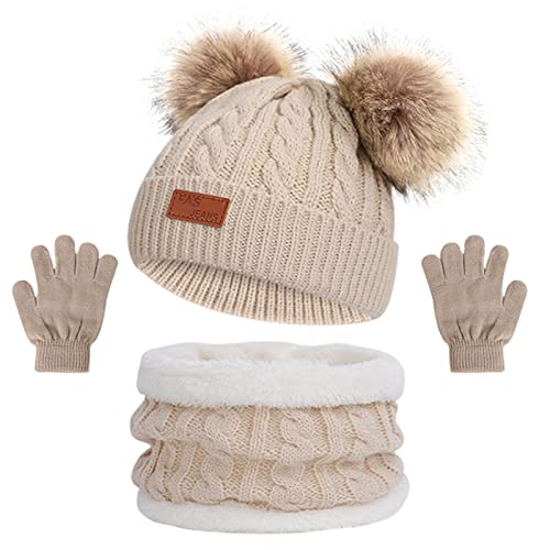 Mütze Set Jungen Mädchen,Mütze Set Jungen Mädchen,Bommel Beanie Strickmütze,Baby Mütze Beanie Strickmütze,Schal Mütze und Handschuhe,Kinder Wintermütze Schal Handschuhe,für Kinder 3-8 Jahre Khaki von Wechoide