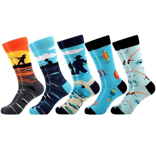 WeciBor Bunt Lustige Herren Neuheit Angeln Motiv Baumwolle Socken 5 Paar, Größe 43-46 von WeciBor