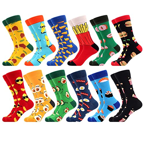 WeciBor Bunt Lustige Herren Socken Neuheit Verrückte Witzige Coole mit Essen Motiv Baumwolle Socken, 12 Paar, Größe 39-42 von WeciBor