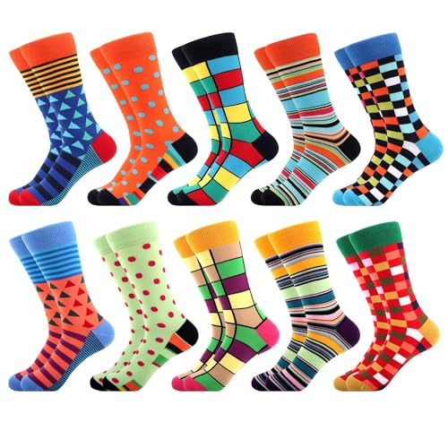 WeciBor Herren Bunt Beiläufig Gemusterte Socken Gekämmte Baumwolle Lustig Neuheit Crew Socken, 10 Paar Geometrie 1, Einheitsgröße von WeciBor