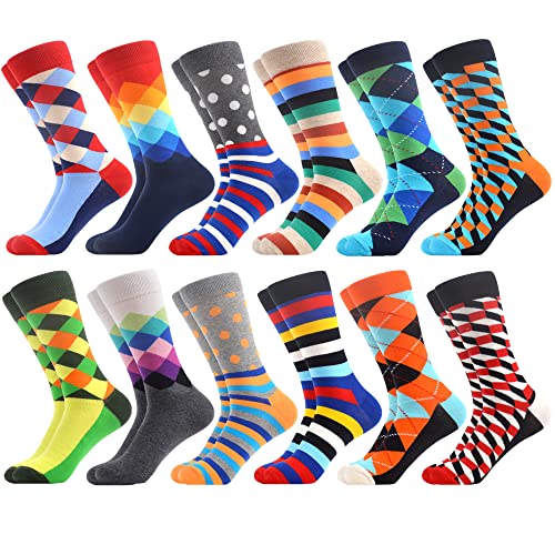 WeciBor Herren Bunt Beiläufig Gemusterte Socken Gekämmte Baumwolle Lustig Neuheit Crew Socken, 12 Paar Geometrie 1, Einheitsgröße von WeciBor