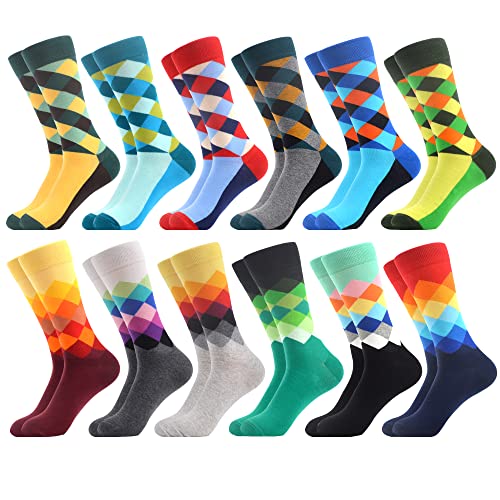 WeciBor Herren Bunt Beiläufig Gemusterte Socken Gekämmte Baumwolle Lustig Neuheit Crew Socken, 12 Paar Geometrie 2, Einheitsgröße von WeciBor