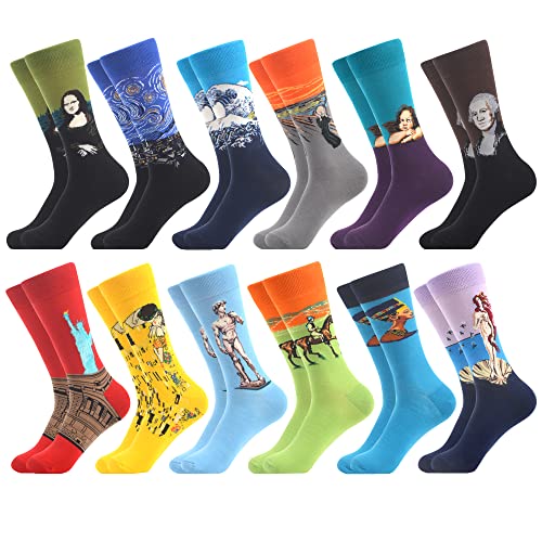 WeciBor Herren Bunt Beiläufig Gemusterte Socken Gekämmte Baumwolle Lustig Neuheit Crew Socken, 12 Paar Ölgemälde 1, Einheitsgröße von WeciBor