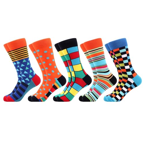 WeciBor Herren Bunt Beiläufig Gemusterte Socken Gekämmte Baumwolle Lustig Neuheit Crew Socken, 5 Paar Geometrie 1, Einheitsgröße von WeciBor