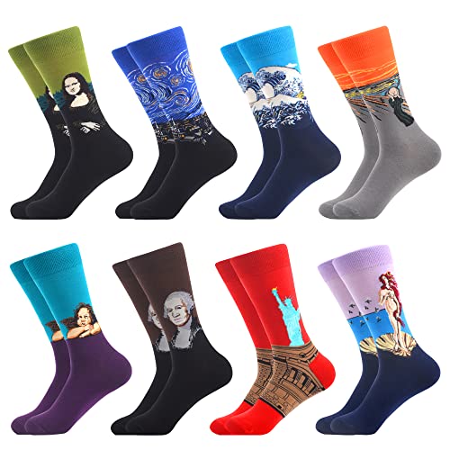 WeciBor Herren Bunt Beiläufig Gemusterte Socken Gekämmte Baumwolle Lustig Neuheit Crew Socken, 8 Paar Ölgemälde 1, Einheitsgröße von WeciBor