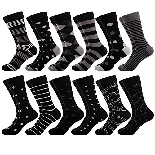 WeciBor Herren Gekämmte Baumwolle ohne Naht Komfort Atmungsaktive Schwarz-Grau Geometrisch Business Socken 12 Paar - Größe 39-42 von WeciBor