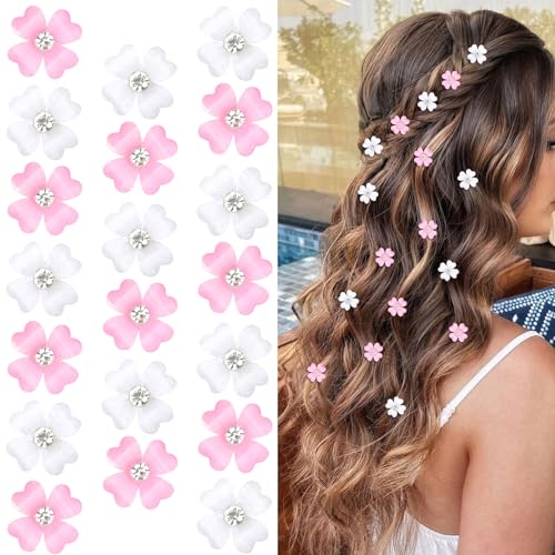 Wecoe 20 Stück kleine rosa weiße Blumen-Haar-Accessoires – winzige Mini-Clips mit Glitzer für Frauen – dekoratives Hochzeitsgeschenk von Wecoe