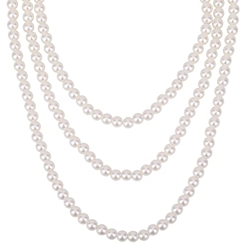WedDecor Damen Lange Weiß 1920s Künstliches Perlenkette Great Gatsby Tiefer Halsband Perlen Vintage Mode Halskette für Bräute Hochzeit Party Zubehör, 120cms, Set Mit 1 von WedDecor